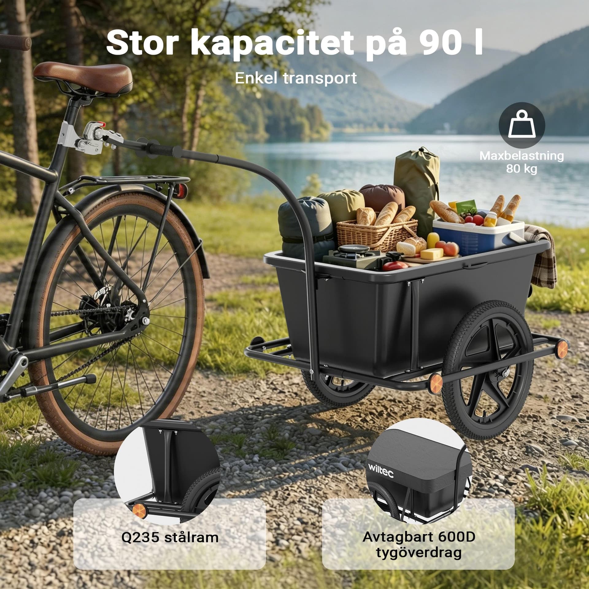 Wiltec Bicycle Trailer 158 x 69 x 51 cm up to 80 kg, Bicycle Trailer with 90 L Plastic Backing, Clutch and Pneumatic Tires, Hand Trolley Trailer for Bike thumbnail 4