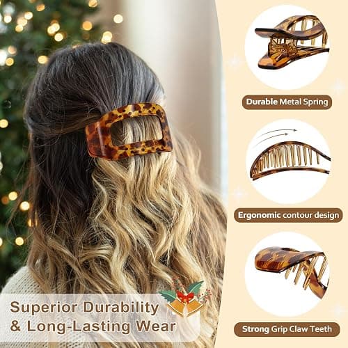 6 PCS Flat Hair Clips for Women, Large French Flat Claw Clips for Thick Thin & Curly Hair, Strong Hold Non Slip Leopard Print Jaw Clips Hair Accessories for Girls Christmas Gifts, Tortoise thumbnail 3