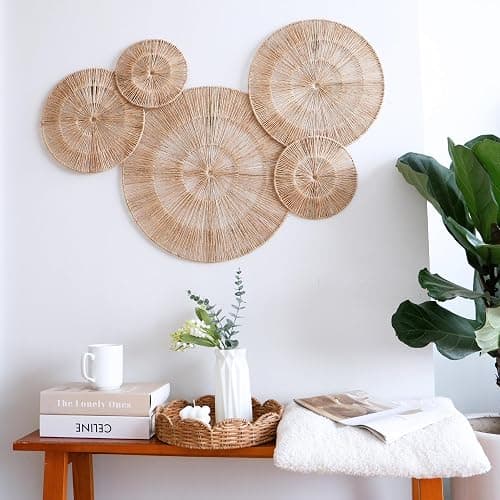 CHI AN HOME 18 Inch Boho Wall Decor – Set of 5 Woven Jute Wall Baskets, Boho Wall Art & Decorative Basket Set, Farmhouse Wall Hanging, Handwoven Wall Plates for Living Room, Bedroom – 18", 14", 11", 8", 7" thumbnail 6