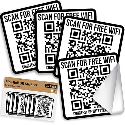Witty Yeti Ad-Free, Realistic 2x2IN Fake WiFi Rick Roll QR Code Stickers 25 Pack. Best Bulk Practical Joke Novelty Set for April Fools. Trick Friends and Family with Hilarious Vinyl Decal Meme Prank - Image 1