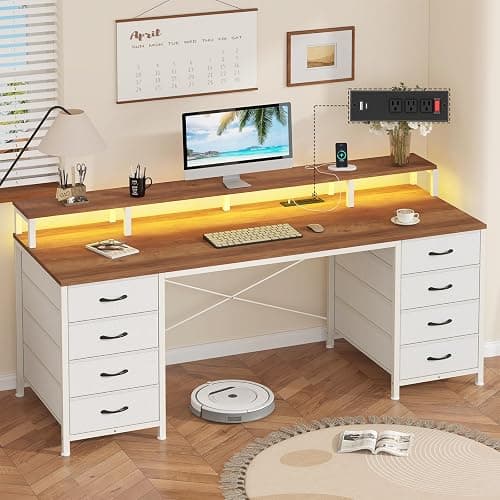 60" Computer Desk with 8 Drawers & Monitor Stand for Home Office, Bedroom | Gaming Desk with LED Lights & Power Outlets, Home Office Desk with 8 Fabric Drawers, Brown & White - Image 1