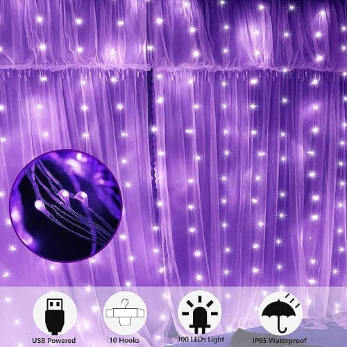 HOME LIGHTING Window Curtain String Lights, 300 LED 8 Lighting Modes Fairy Copper Light with Remote, USB Powered for Halloween Christmas Bedroom Party Wedding Home Garden Wall Decorations, Purple thumbnail 2