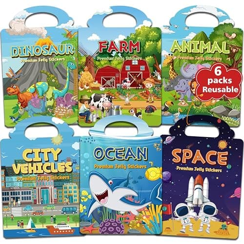 CREATIVETREES 6 Sets Reusable Sticker Book for Toddlers 3-6, Jelly Sticker Books for Toddler, Travel Sticker Activity Toys for Kids 3 4 5 6 Years Old Girls & Boys - Image 1
