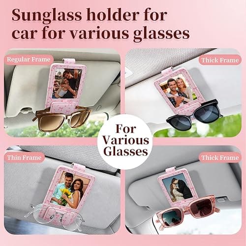 Calafu Sunglass Holder for Car, 2 in 1 Sunglass Visor Clip with Photo Frame | Leather Cloth, Magnetic Interior Car Accessories, Holds Paper Tickets, Universal Visor Fit, Custom Photo Slot, Pink thumbnail 2