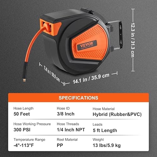VEVOR Retractable Air Hose Reel, 3/8IN x 50FT Hybrid Air Hose Max 300PSI, Air Compressor Hose Reel with 5 ft Lead in, Ceiling/Wall Mount Enclosed Air Reel, 180° Swivel Mount thumbnail 3