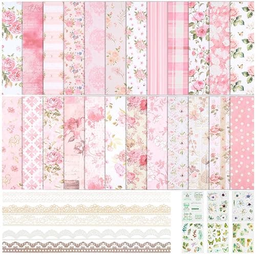 24 Sheets Pink Scrapbook Paper 12''x12'' Double-Sided Floral | Cardstock Lace Borders, Flower Stickers, Decorative Decoupage Paper Bundle for Journal, DIY Card Making Crafts - Image 1