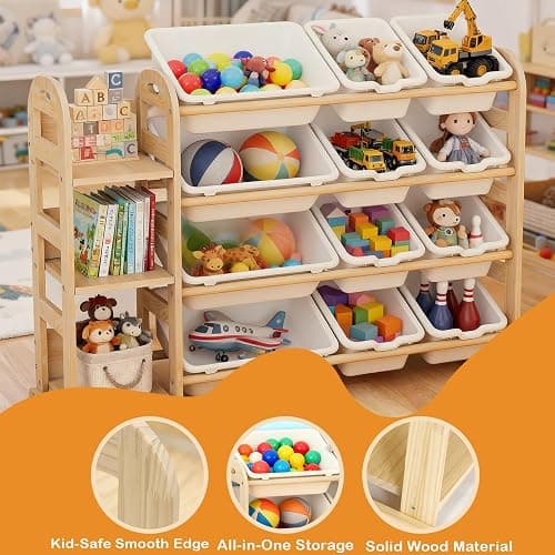 Toy Storage Organizer, Wooden Toy Organizers and Storage with Bookshelf, Toy Storage Shelf with 3 Shelves and 12 Storage Bins, Kids Bookshelf for Playroom, Nursery, Bedroom, Bookcase for Kids, White thumbnail 5