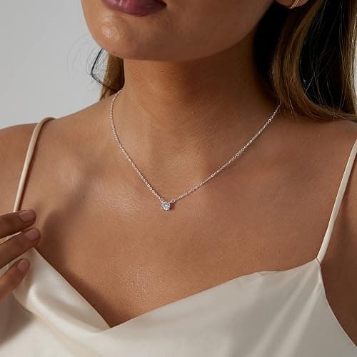ASCOMY Dainty CZ Diamond Solitaire Pendant Necklaces for Women 14K Gold Plated Single Round Cubic Zirconia Square Simulated Diamond Choker Necklace Bride Bridesmaid Weeding Jewelry Gifts - Image 1