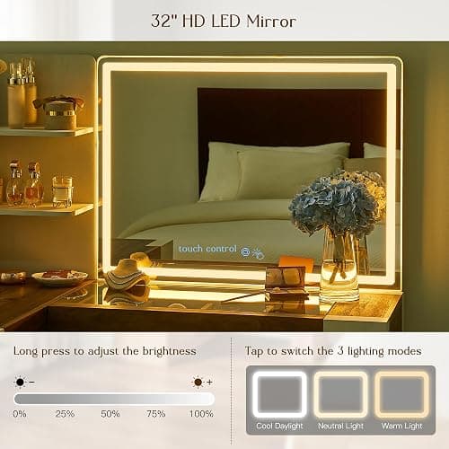 OKD 48" Makeup Vanity Desk with Mirror and Lights, Glass Top, Antique White | Modern L-Shaped Corner Vanity for Women,large mirror,LED Lights,4 Drawers,Open Storage Shelves,Charging Station,Dryer Holder thumbnail 4