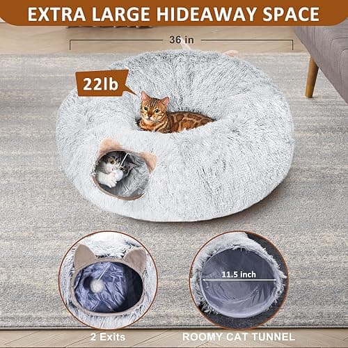 ZVBEK Cat Tunnel with Cat Bed for Indoor Cats, Under Christmas Tree Soft Plush Peekaboo Cat Cave Donut Tunnel, Multifunctional Cat Playground Toys Hideplace for Cats, Kittens, Rabbit, Ferret (Grey) thumbnail 5