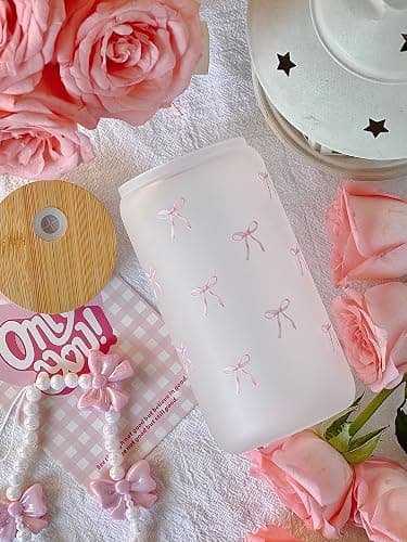 Loihayazea Cute Coquette Pink Aesthetic Bow Glass Cups with Lids and Straws, Preppy Girly Trendy Stuff Gifts for Women Teen Girls, 16oz Iced Coffee Cup, Glass Tumbler, Matcha Cup (Pink Bow) thumbnail 3