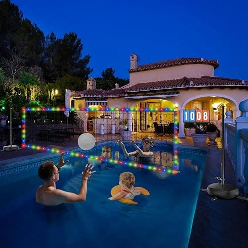 Oswerpon Pool Volleyball Net Set with LED Lights, 15-32FT Width Adjustable | Battery LED Lights, No Solar Needed, Scoreboard, 2 Balls, Pump, Storage Bag - Image 1