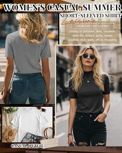 Ficerd 3 Pack Women's Mock Neck Shirts Short Sleeve Tops | Ladies Turtleneck Business T-Shirts, Slim Fit Tees, Dressy Basic Pullovers, Stretch Casual Outfits, Summer Fall Clothes 2026 thumbnail 5