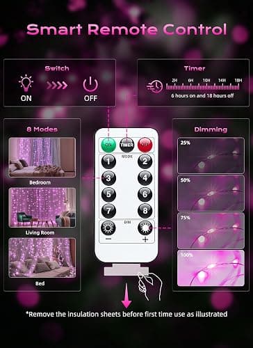 Brightown 300 LED Pink Fairy Curtain Lights, 9.8ft x 9.8ft String Lights | USB Plug in 8 Lighting Modes Christmas String Hanging Lights with Remote for Bedroom Indoor Outdoor Xmas Valentine's Day thumbnail 6