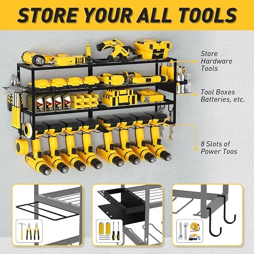 Large Power Tool Organizer Wall Mount for Fathers Dad, 4 Layers Heavy Duty Metal Garage Organization Loads 360lbs with 8 Cordless Drill Holder,Power Tool Shelf for Garage Workshop, UtilityRacks thumbnail 4