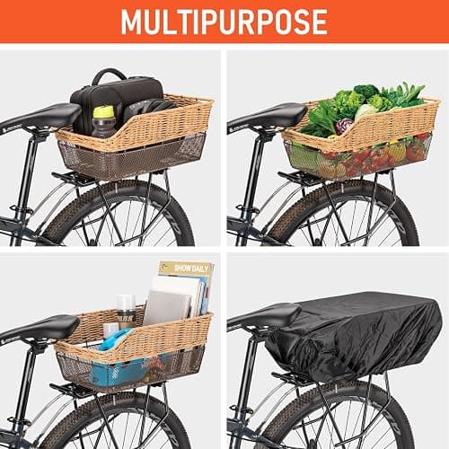 CXWXC Rear Bike Basket - Large Bicycle Rear Basket with Cargo Net and Waterproof Cover, Hand-Woven Baskets Rear Large Capacity thumbnail 4