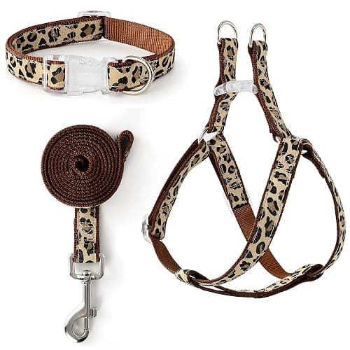 Mile High Life Leopard Dog Harness Collar Leash Set, Adjustable No Pull Dog Halter Harness for Small Breed Dogs, Easy Control for Training Walking (Brown, S Chest 11"-18", Neck 10"-14") - Image 1