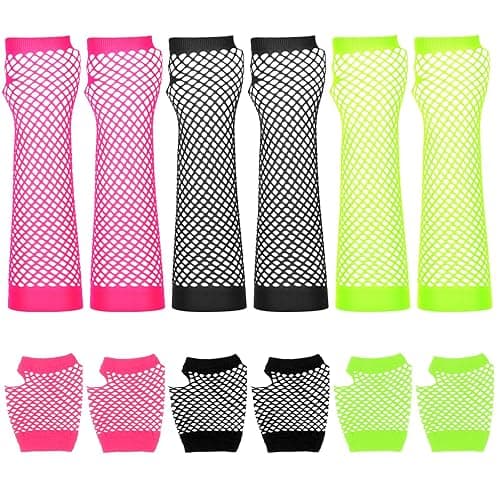 6 Pairs Fishnet Gloves Mesh Glove for Women Neon Fingerless Long Short Gloves 3 Colors Lone Fishnet Glove Fingerless Net Arm Sleeve Emo Goth Punk 80s Scene Accessories for Halloween Cosplay Costume - Image 1