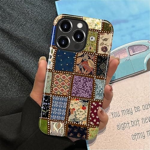 MQJCYB Case for iPhone 15 Pro Max, Hybrid Heavy Duty 2 in 1 Full Body Rugged Shockproof Protection Glossy Case for iPhone 15 Pro Max - Checked Fabric Pattern Collage thumbnail 6