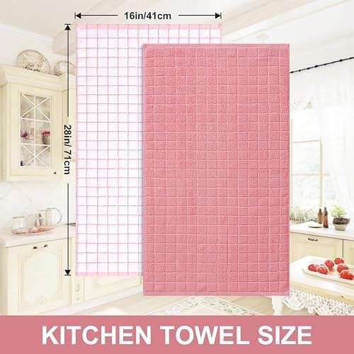 Homaxy Premium Cotton Kitchen Towels 16"x 28", Large Natural Ring Spun 390 GSM Dish Towels, Super Absorbent Terry Kitchen Hand Towels, Soft Tea Towels with Hanging Loop, Pink Check Design, 6 Pack thumbnail 3