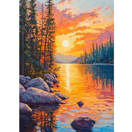 KEYIFA Diamond Painting River Sunset Diamond Art Kits for Adults, 5D Round Full Drill Landscape Diamond Painting Kit for Beginner, DIY Gems Art Craft for Home Wall Decor 12x16 inch - Image 1