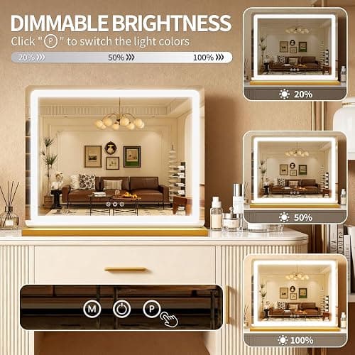 ROLOVE Vanity Mirror with Lights 23x18 Inch, Gold Lighted Makeup Mirror, 3 Color Modes, Smart Touch Dimming, Large Vanity Mirror for Desk, Bathroom, Wall thumbnail 3