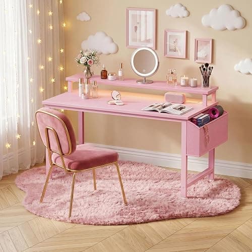 Lufeiya Girls Desk with Power Outlets and LED Lights, 40 Inch Gaming Desk Table with Charging Station, Home Office Computer Desks with Monitor, Pink thumbnail 6