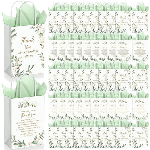 Fuutreo 100 Set Wedding Gift Bags with Tissue Paper Wedding Welcome Favor Paper Bags for Guests with Handles Thank You Bridal Shower Hotel 21 * 8 * 15cm(Eucalyptus Leaves) - Image 1