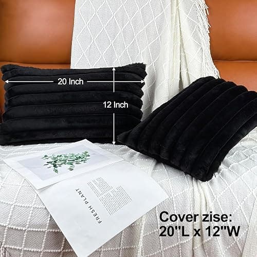 20" x 12" Black Throw Pillow Covers Pack of 2, Soft Fluffy Faux Fur Decorative Pillows for Couch, Bed Cover with Velvet Back for Living Room, Home Décor for Sofa (50cm x 30cm, No Inserts Included) thumbnail 3