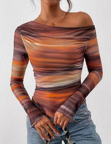 PRETTYGARDEN Womens Fall Trendy Off Shoulder Y2k Tops 2026 Tie Dye Mesh Long Sleeve Shirts Asymmetrical Ruched Floral Blouse thumbnail 2