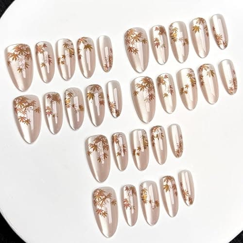30 Pcs Fall Press on Nails Almond Fake Nails with Maple Leaf Design Nude Cat Eye False Nails Medium Glossy Acrylic Nails Autumn Thanksgiving Stick on Nail for Women thumbnail 3