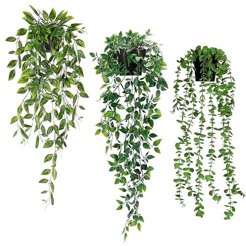 Artificial Hanging Plants 3Pcs Potted Greenery Decor - Grey Eucalyptus Mandala Snow Pea Vine in Pot Plants for Office Farmhouse Home Indoor Outdoor Decor - Image 1