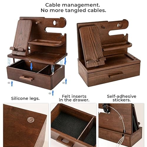 TESLYAR Wood Phone Docking Station with Drawer - Nightstand Organizer - Desk Organizer for Husband - Birthday Gifts for Men, Dad, Anniversary Idea, Key Holder Stand Watch & Accessories (Bourbon Brown) thumbnail 9