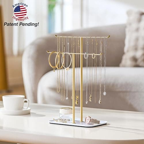 Jewelry Organizer Stand Necklace Holder – 2‑Tier T‑Bar Jewelry Display Tree with Tray for Countertop Necklace Bracelet Earring Storage, Vanity Dresser Bathroom Sink, Gold thumbnail 5