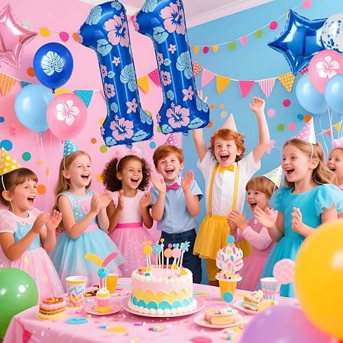 Minyu Tropical Floral Number large Balloon - 10-pack, includes hibiscus and palm leaves, pink and blue star foil, and sequined balloons, perfect for birthday party decorations. (Number 11) thumbnail 4