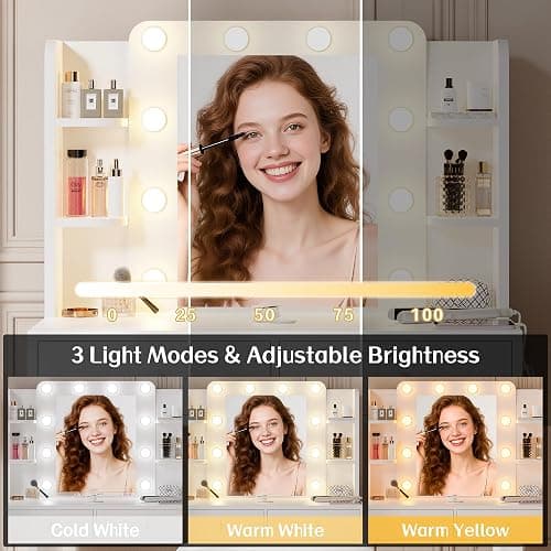 Haewon White Vanity Desk with Mirror and Lights, Makeup Vanity with 10 LED Bulbs and 3 Color Modes, Dressing Table Set with Power Outlets, Storage Drawers and Chair for Bedroom thumbnail 5