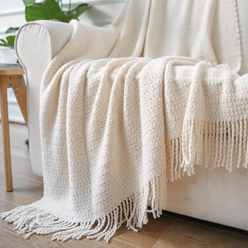 BATTILO HOME White Throw Blanket for Couch, Lightweight Cream Knitted Throw for Sofa Bed Home Decor Textured Soft Cozy Throw with Tassels Suitable All Seasons 50"x60" thumbnail 4