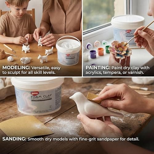 BOHS Foam Clay Pro, White Air Dry Modeling Clay, 3 lb Bucket | Fine texture; low shrinkage; crack-free; stain-free hands; EVA and polystyrene foam details; cosplay props and figurines thumbnail 5