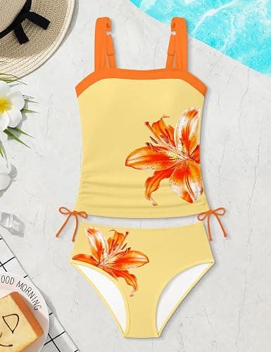 Queenstyle Teen Girls Tankini Swimsuit 2 Piece Bathing Suit Color-Block Drawstring Girls' Swimwear for 9-16 Years thumbnail 6