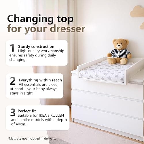 regalik Changing Top for IKEA Kullen, Changing Table Topper for 40 cm Dressers, Removable Changing Unit, Rounded Front Panels, Oak, 72cm x 54cm thumbnail 4