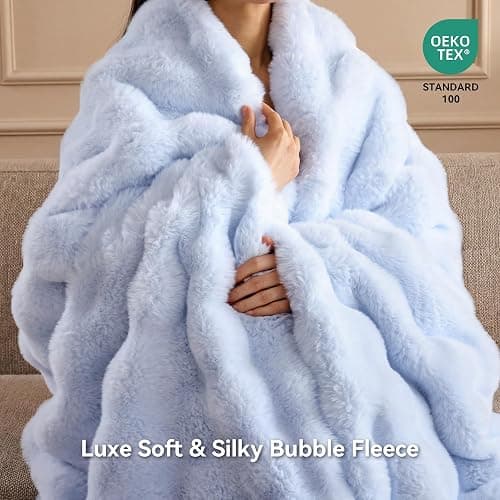 Smoofy Faux Fur Throw Blanket for Couch - Light Blue Super Soft Cozy Bubble Blanket, Fluffy Plush Fuzzy Throw for Sofa & Bed, Thick Lightweight Warm Blanket, Luxury Aesthetic Gift for Women 60"x80" thumbnail 3