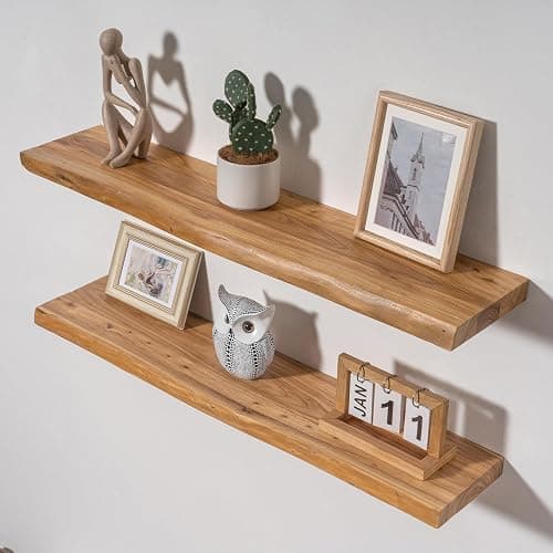 Axeman 36 inch Floating Shelves for Wall - 8'' D Live Edge Rustic Solid Elm Wood Floating Shelves Wall Mounted, Wall Shelves with Invisible Bracket for Living Room Bedroom Kitchen, Set of 2 Natural - Image 1