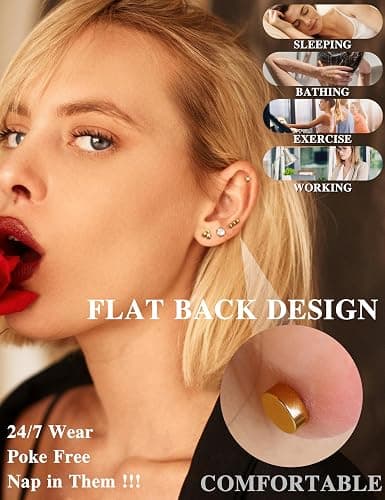 LOLIAS Small Hypoallergenic Flat Back Stud Earrings for Women Men 14K Gold Plated Surgical Stainless Steel Earring Sets Tiny Screw Back Cartilage Earrings for Sensitive Ears thumbnail 4