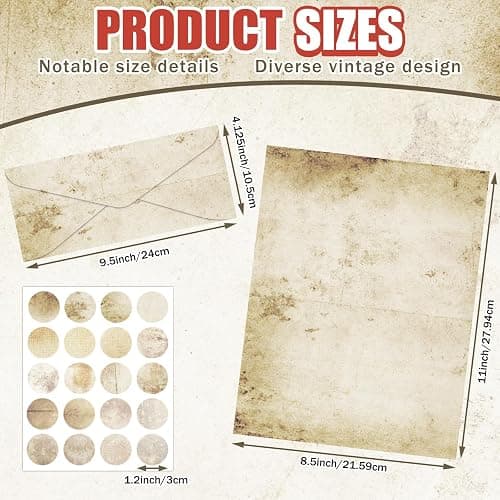 EggSun 250Pcs Vintage Kraft Stationery Paper and Envelope Set with 100 Letterhead Papers and 50 Envelopes, 10 Design for Letter Writing Invitations Computer Holidays Party Notes, 8.5x11 Inch-Retro thumbnail 2