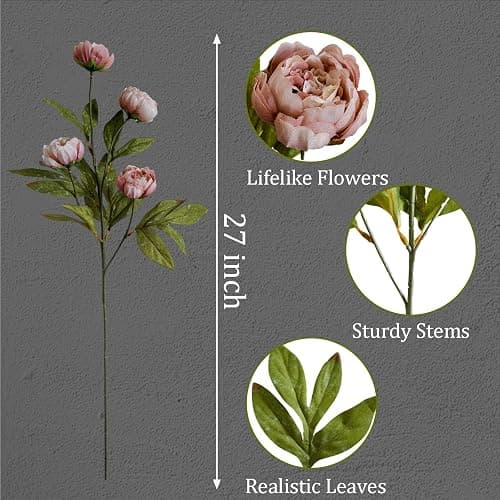 Cherica 6Pcs Viral Peony Artificial Flowers for Vase，27in Real Touch Fake Flowers Branches with Flexible Wired Stems for Home Decor DIY Bouquet Centerpieces Wedding Shower Fillers Arrangements,Dusty thumbnail 4