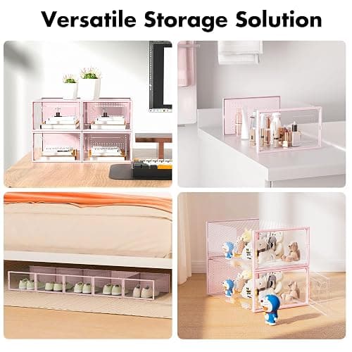 Foluck Shoe Storage Box, 15 Pack Clear Plastic Stackable Shoe Organizer for Closet, Interlocking Design Shoe Container Bins for Sneakers, Foldable Shoe Rack with Lids, Pink thumbnail 6
