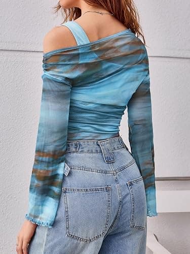 Verdusa Women's Y2k Off The Shoulder Tops Mesh Long Sleeve Crop Tops 2000s Clothing thumbnail 2