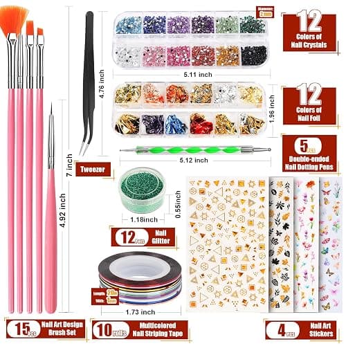 Teenitor Nail Art Kit with Nail Glitter, Nail Art Brushes & Nail Sticker for Gel Nails Art, Nail Gems Nail Accessories Tool for Teenage Girls, Nail Art Pens Nail Dotting Tool for Beginners thumbnail 8