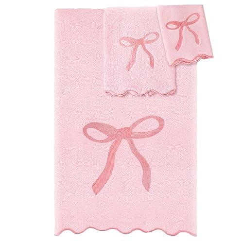 Fanfanwin 3 Pcs Pink Bow Bathroom Towel Set, Scalloped Coquette Fingertip Towels with Embroidery, 100% Cotton Absorbent Hand Towels for Bathroom, Kitchen, Wedding Gifts, Preppy Bath Decor - Image 1