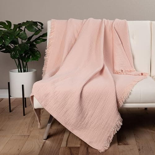 Sticky Toffee Blush Pink Muslin Throw Blanket with Fringe, Oeko-Tex Cotton Muslin Blankets for Adults, Soft Lightweight and Breathable for Couch Bed or Sofa, 50 in x 60 in - Muslin Blush Pink thumbnail 6